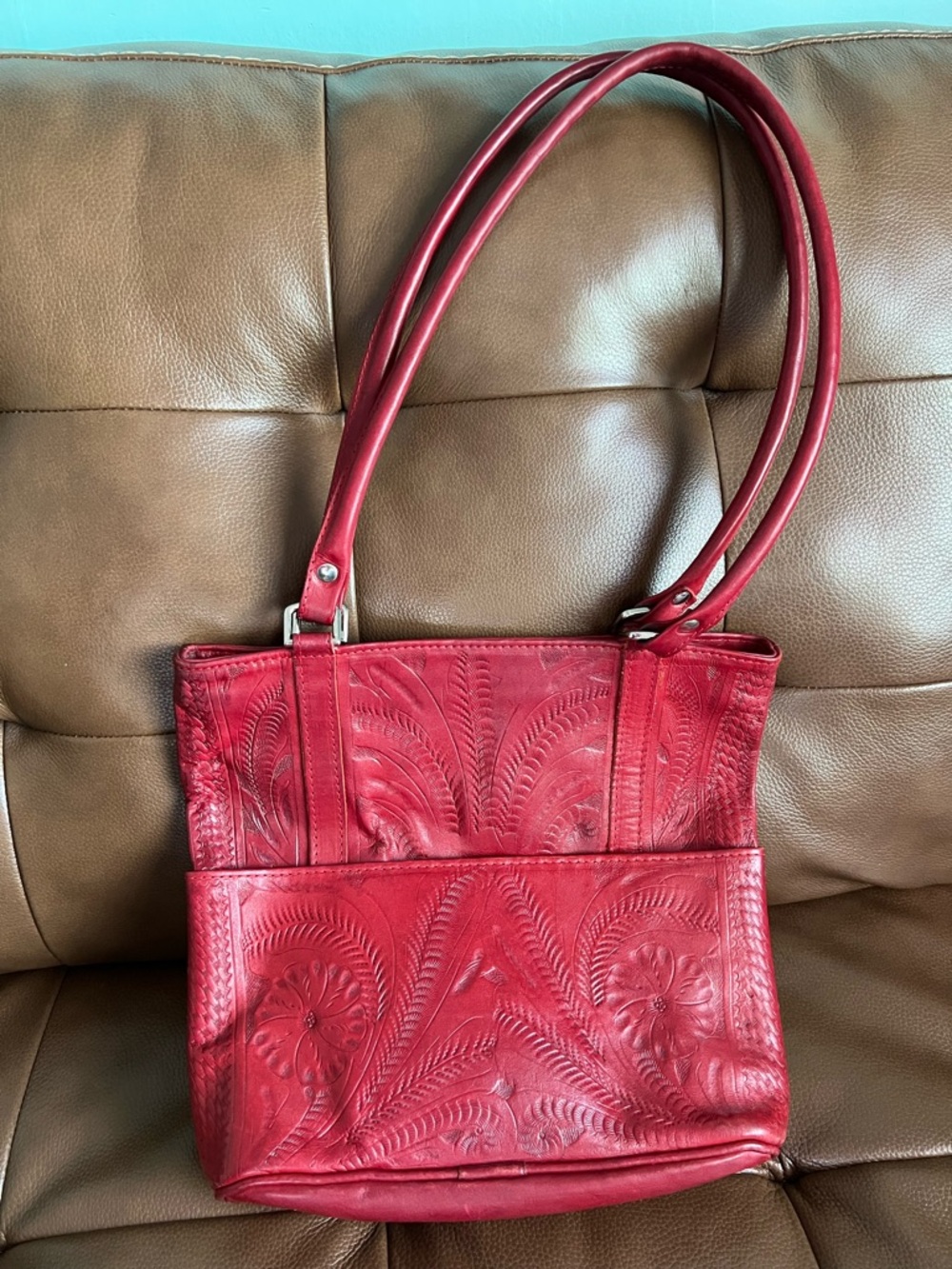 Hand-Tooled Red Leather Shoulder Bag